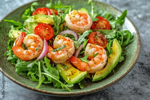 Fresh Shrimp Salad With Avocado and Cherry Tomatoes on a Dark Plate