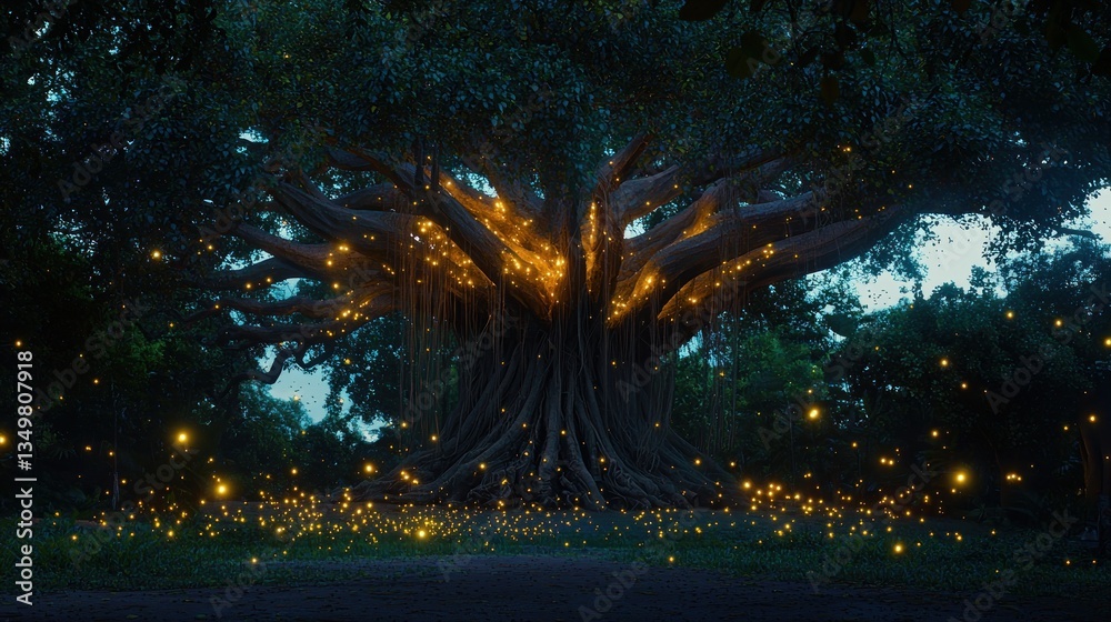 Illuminated ancient tree in magical forest at twilight
