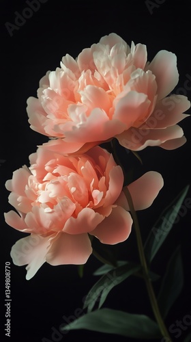 Peonies Bloom Softly With Delicate Pink Petals Against a Dark Background in S...