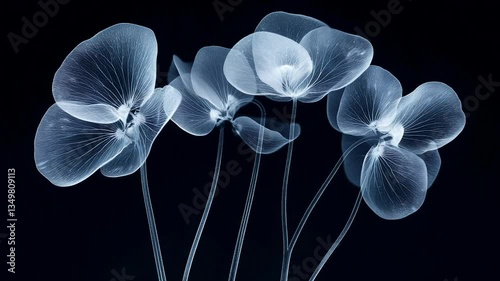 Seamless loop animation background of X-ray style translucent flowers glowing against a dark background
