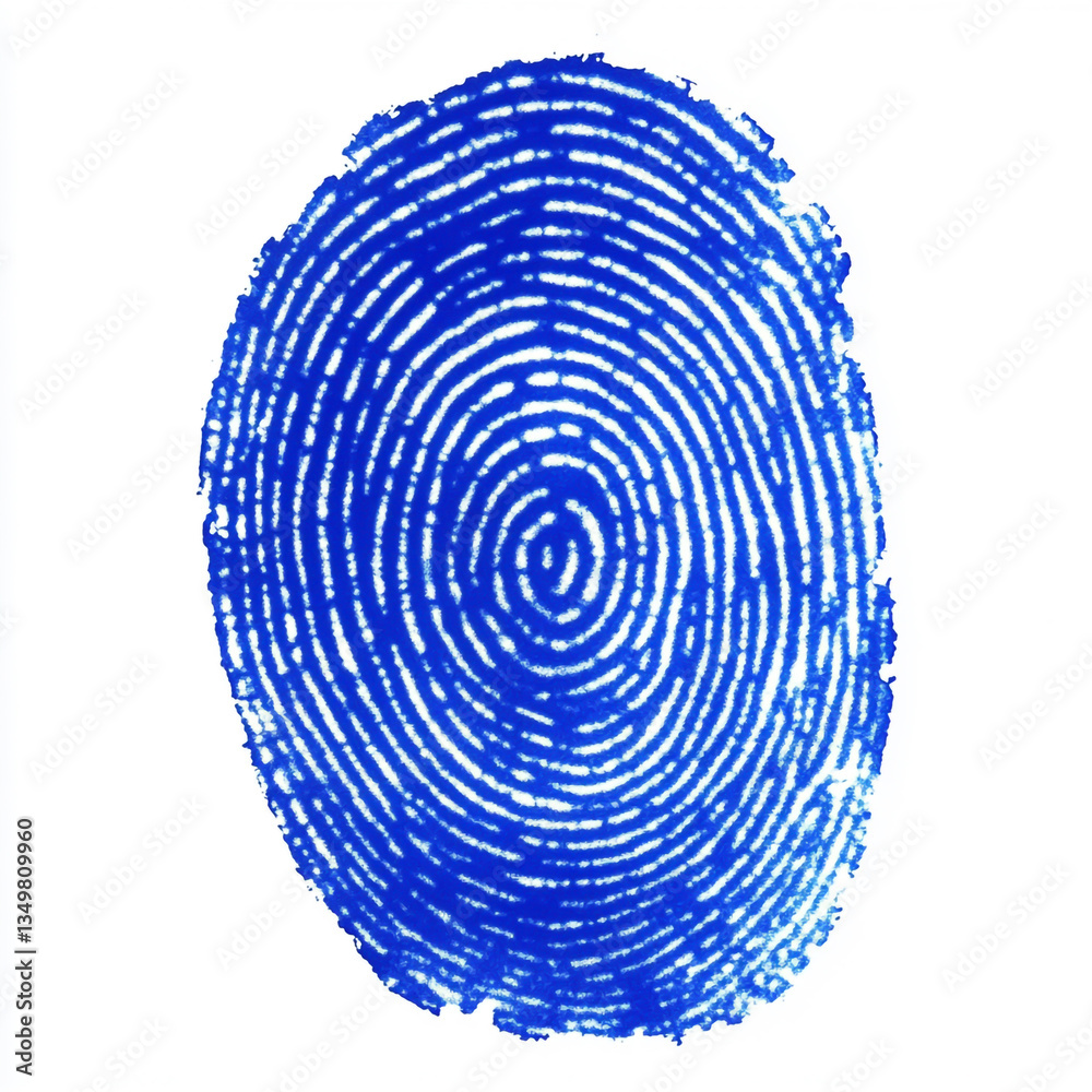 Fototapeta premium A close up of a blue fingerprint on a white background showing the unique pattern of ridges and whorls