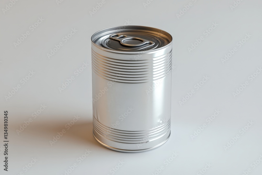 A silver metal cylindrical can sitting on a clean white surface A silver metal cylindrical can sitting on a clean white surface