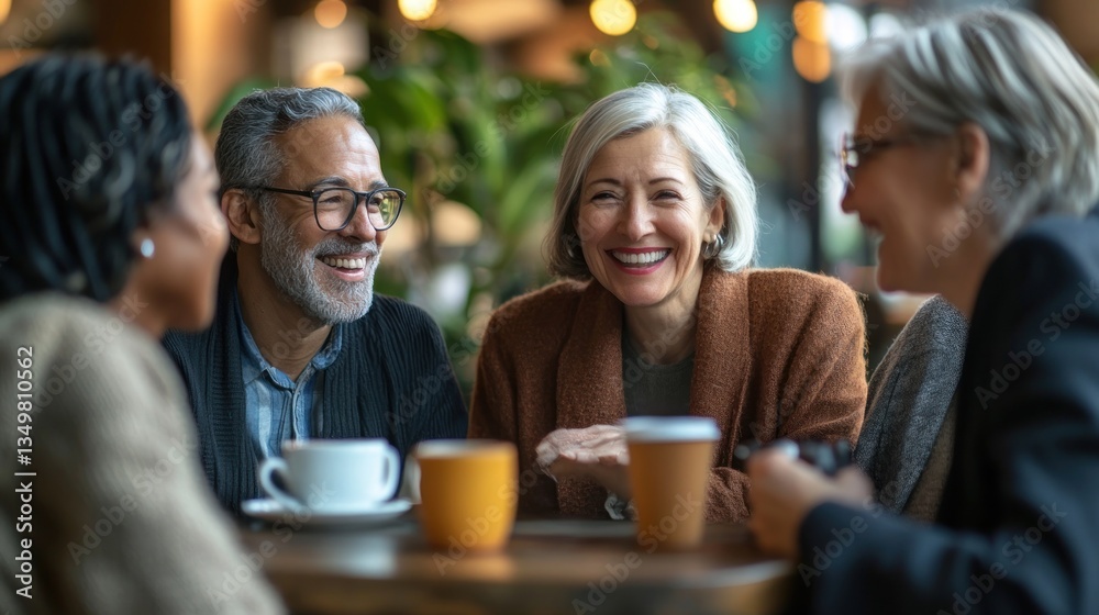 Happy seniors chatting over coffee in a cafe