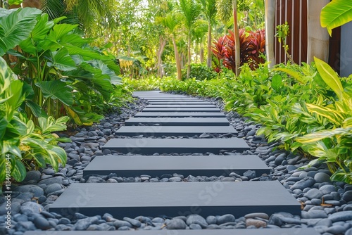 Lush Garden Pathway With Stone Slabs and Vibrant Greenery in Tropical Setting