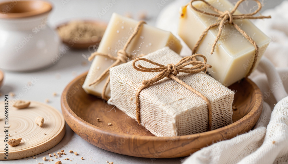 Eco-friendly soap bars arranged on ceramic tray, sustainable beauty Eco-friendly soap bars arranged on ceramic tray, sustainable beauty