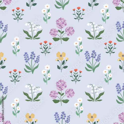 Spring and summer seamless pattern with seasonal flowers in bloom, romantic wallpaper 