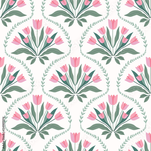 Tulips seamless pattern, Victorian floral wallpaper, charming spring and summer background 