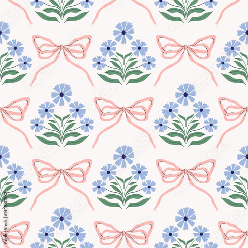 Floral seamless pattern with blue flowers in bloom, vintage romantic wallpaper, antique delicate background 