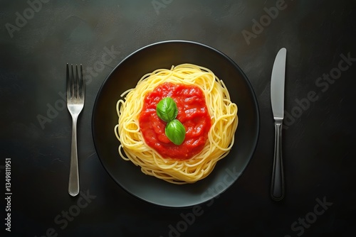 Delicious Spaghetti With Tomato Sauce and Fresh Basil on a Simple Plate at Di...