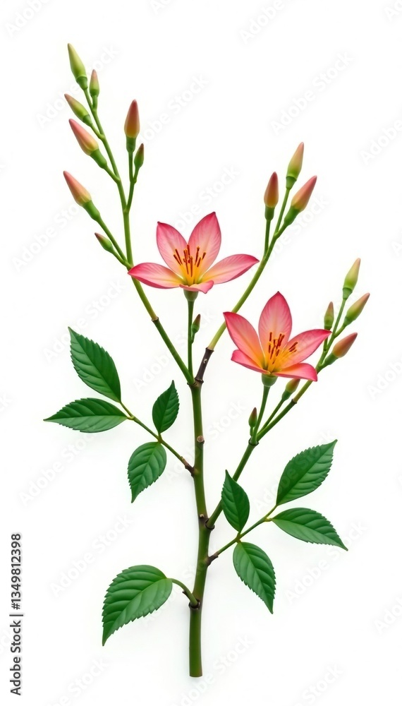 Fototapeta premium Three branches with leaves and flowers on a white background, foliage, isolated, greenery