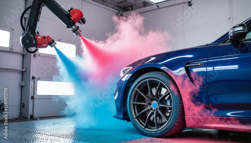 Robotic arm painting car parts in spray booth, advanced automation