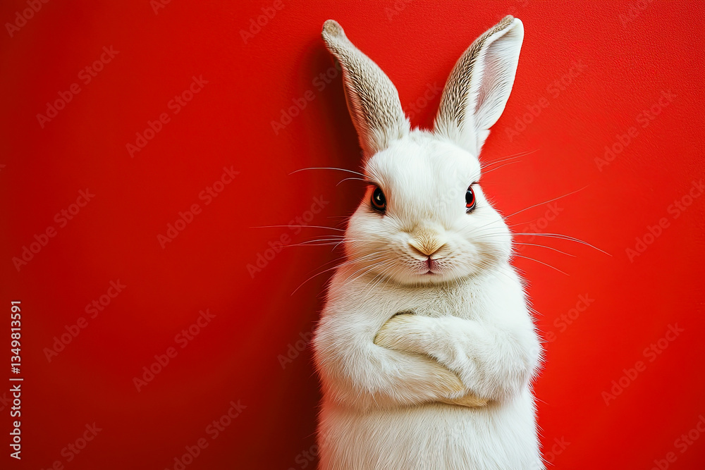 Obraz premium Confident White Rabbit on Red Background