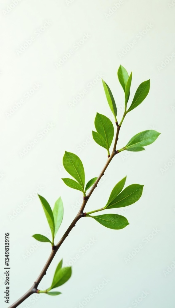 Obraz premium Delicate branch with tiny leaves on a white background, greenery, branches