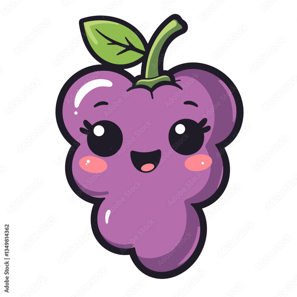 Happy kawaii grape illustration with big eyes, playful aesthetic Happy kawaii grape illustration with big eyes, playful aesthetic