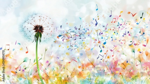 Colorful music notes dandelion field, blowing in the wind