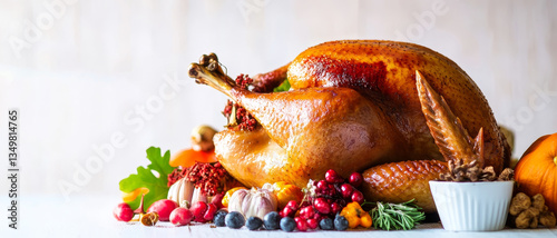 Thanksgiving Roasted Turkey Wallpaper - A golden-brown roasted turkey, surrounded by autumn vegetables and berries, symbolizes abundance, family, gratitude, tradition, and the harvest photo