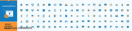 Cinema colorful filled icon collection. Containing play, camera, screen, film, ticket, theater and more. Isolated icons. Cinematography icon set. Editable stroke vector art.