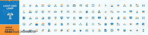 Light And Lamp colorful icon collection. Includes flat solid symbols lamp, lightbulb, energy, illumination, idea, light and more. Flat UI icons. Bulb icon set. Signs for web and mobile app.