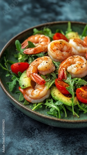 Fresh Salad With Shrimp, Avocado, and Cherry Tomatoes on a Green Plate