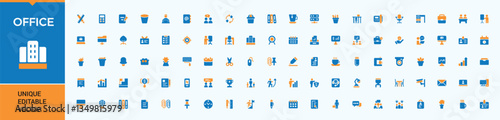 Office colorful icon set. Contains filled symbols like team, teamwork, workplace, workspace, employee and more. Filled icons pack. Business icon. Pixel perfect. Vector collections.
