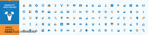 Morality And Values colorful icon set in filled style. Contains such icons as integrity, value, morality, honesty and more. Simple solid vector icons. Commitment icon collection. Vector collection.