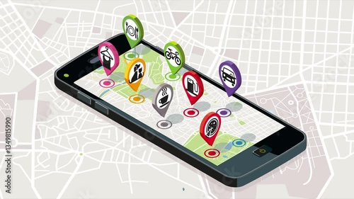 GPS. Animated sequence of location icons of different service icons appearing on a smartphone map. 2D animation