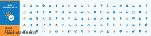 Sun Protection colorful simple icon set. Includes symbols for sunscreen, sun, beach, protection, protect, safe and more. Icons for application. Ray icon set. Pixel perfect. Vector collections.