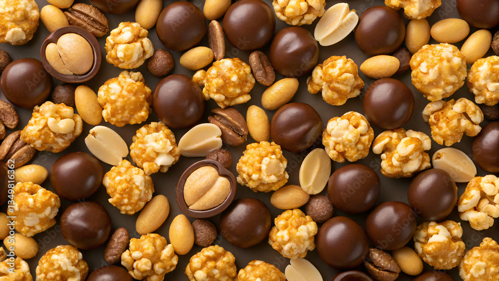 Obraz premium Assorted snack mix with caramel popcorn, chocolate-covered nuts, and coffee beans