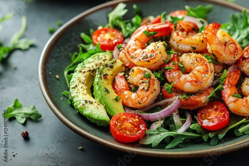 Fresh Shrimp Salad With Avocado and Cherry Tomatoes on a Dark Plate