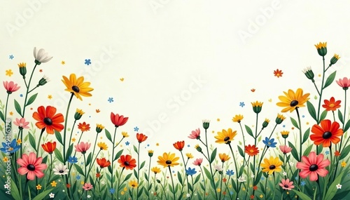 Scattered wildflowers, naive style, light color palette, field, wallpaper