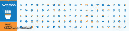 Fast Food colorful icon set. Includes symbols for bakery, fast, street food, snack, restaurant, junk food and more. Minimal flat solid web icons set. Food icon collection. Editable vector.