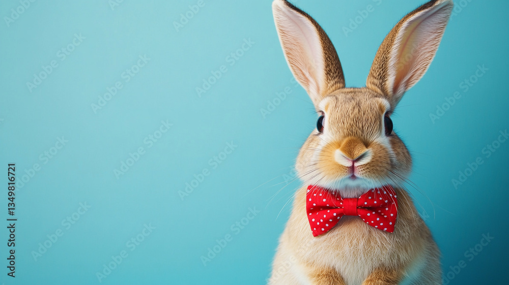Fototapeta premium Cute Bunny Wearing Red Polka Dot Bow Tie on Blue Background