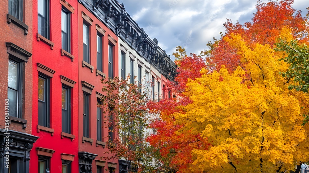 Fototapeta premium Autumnal City Street with Colorful Houses.