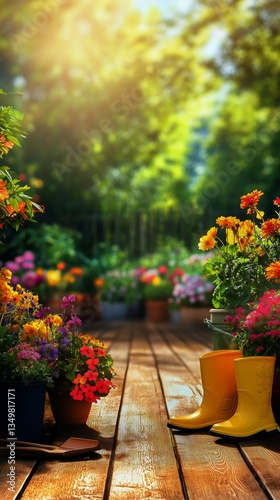 Colorful Flower Garden Pathway With Bright Yellow Boots in Afternoon Sunlight