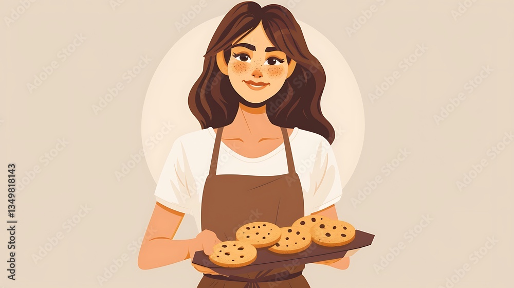 A vector illustration of a woman with medium-length hair, wearing an apron and holding a tray of cookies. A vector illustration of a woman with medium-length hair, wearing an apron and holding a tray of cookies.