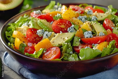 Fresh Garden Salad With Colorful Ingredients and Ripe Avocados on a Wooden Table