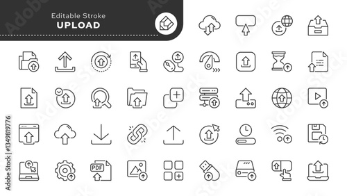 Upload line icon set. Uploading, arrow up, file, data, cloud upload, uploaded, server, transfer and more. Outline vector icon in linear style. Pictogram collection	