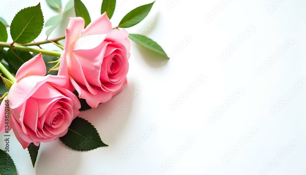 Fototapeta premium Soft pink roses with green leaves arranged on a clean white background