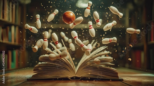 A surreal book that becomes a bowling alley, with pins and a bowling ball in mid-motion.