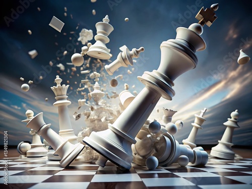 Obraz na płótnie Panoramic Chess Castle Collapse: Dramatic Stock Photo of Failing Strategy w salonie