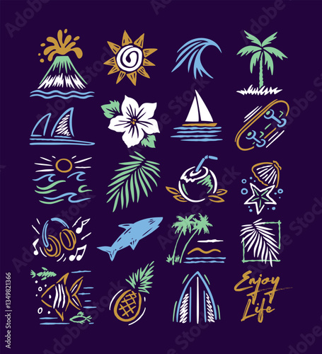 Set of tropical and leisure elements. Colorful and stylized art with simple and uncluttered lines.