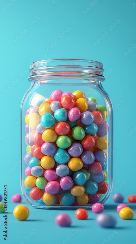 Colorful candy-coated chocolates in a glass jar with vibrant blue background Colorful candy-coated chocolates in a glass jar with vibrant blue background