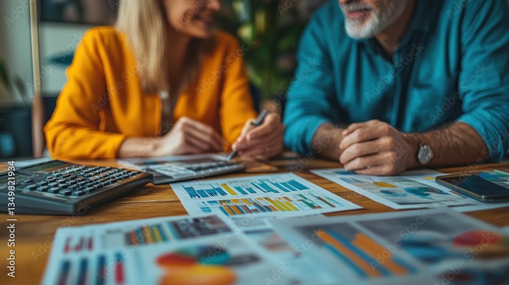 Fototapeta premium Couple reviewing financial documents at home office