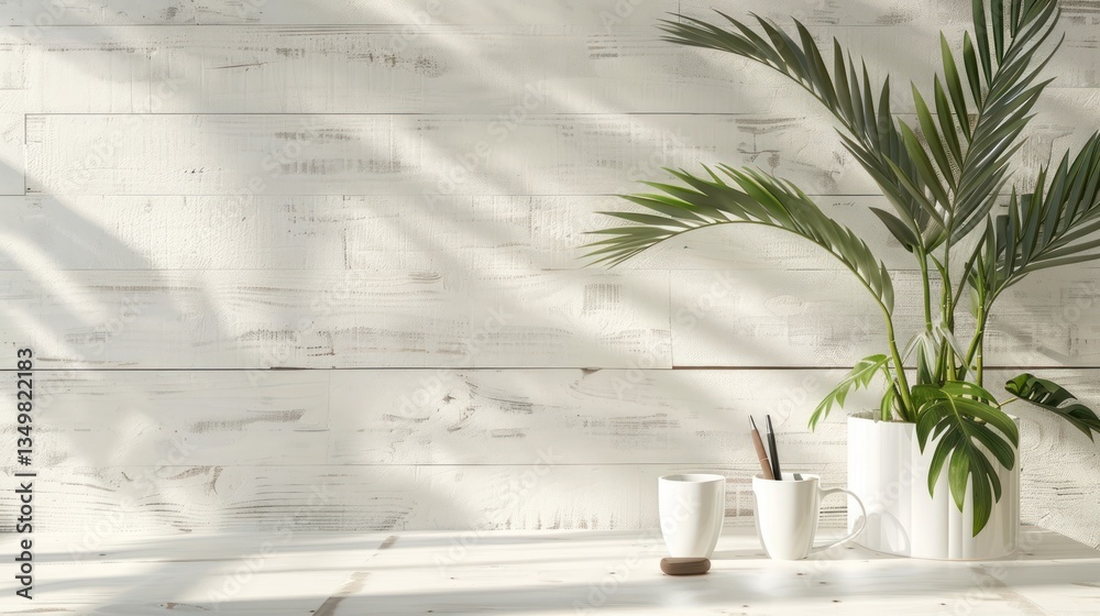 A white wall with a plant in a pot and two white cups on a table A white wall with a plant in a pot and two white cups on a table