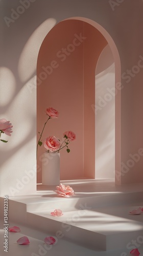Elegant Display of Pink Roses on a Marble Pedestal in Soft Lighting