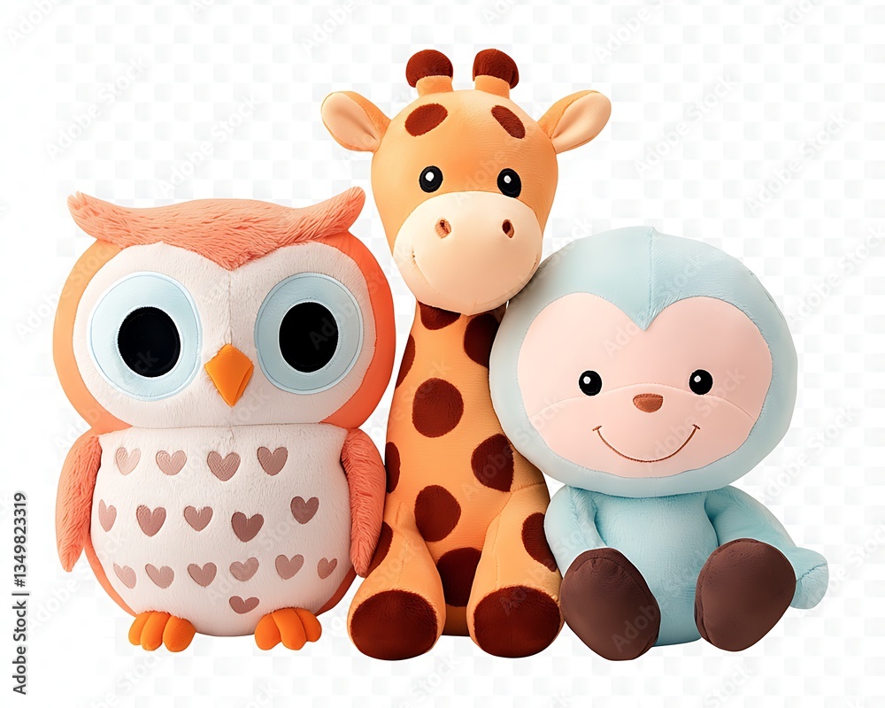 Naklejka premium Cute plush animals owl with giraffe, and monkey.