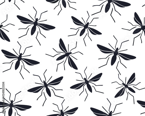 Simple Black and White Mosquito Silhouette Seamless Pattern Vector Design.