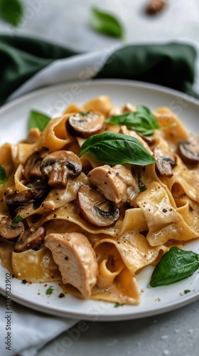 Delicious Homemade Fettuccine With Mushrooms and Fresh Basil Served in a Whit...
