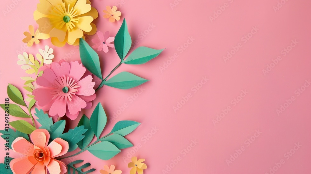 Multicolored paper cut flowers with green leaves, copy space on pink background. Generate AI Multicolored paper cut flowers with green leaves, copy space on pink background. Generate AI