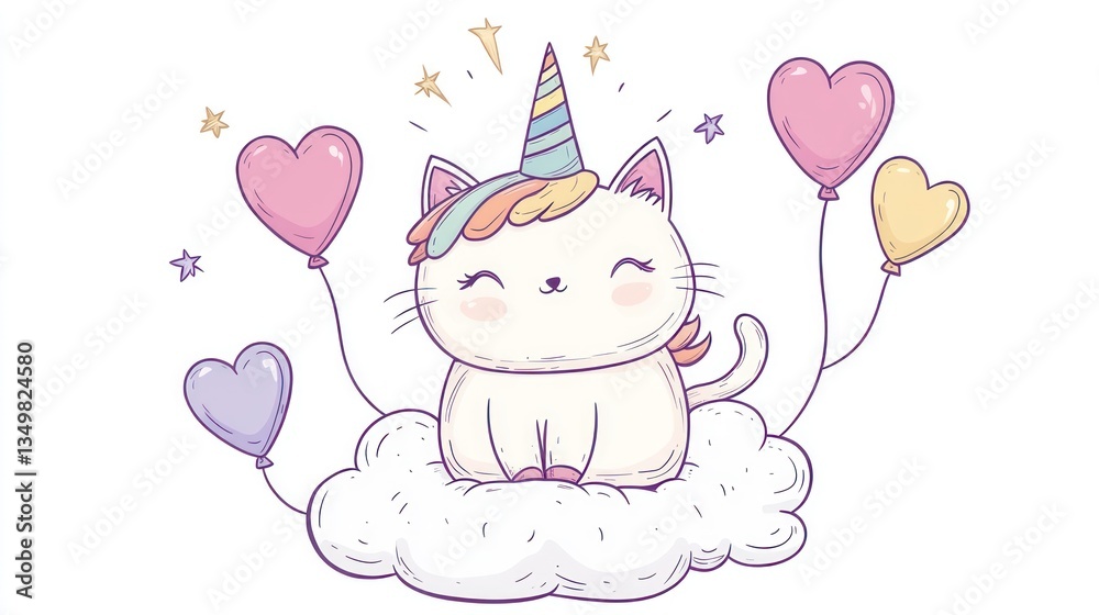 Cute unicorn cat on cloud with balloons Cute unicorn cat on cloud with balloons